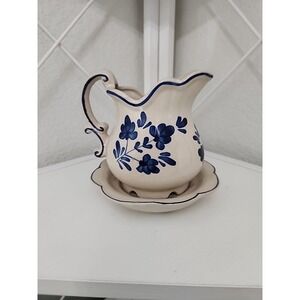 Vtg Natural White Clay Cream and Blue Pitcher Planter Vase 4.5"x 4" Cottage Farm